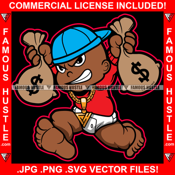 Famous Hustle Gangster Black Baby Boy Diaper Running Money Bag Gold Chain Necklace Child Kid Cash Hip Hop Rap Trap Street Hood Ghetto Thug Hustler Drip Rich Hustling Rich Art Graphic Design Logo T-Shirt Print Printing JPG PNG SVG Vector Cut File